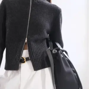 Cardigan minimaliste en cachemire tricoté à col haut avec double fermeture éclair pour femme, manches longues, bas, nouveau manteau d'automne et d'hiver