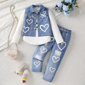 Ensemble tendance et décontracté pour enfants, printemps et automne, nouveau modèle, ensemble veste en jean imitation pour filles, pantalon long décontracté, ensemble trois pièces