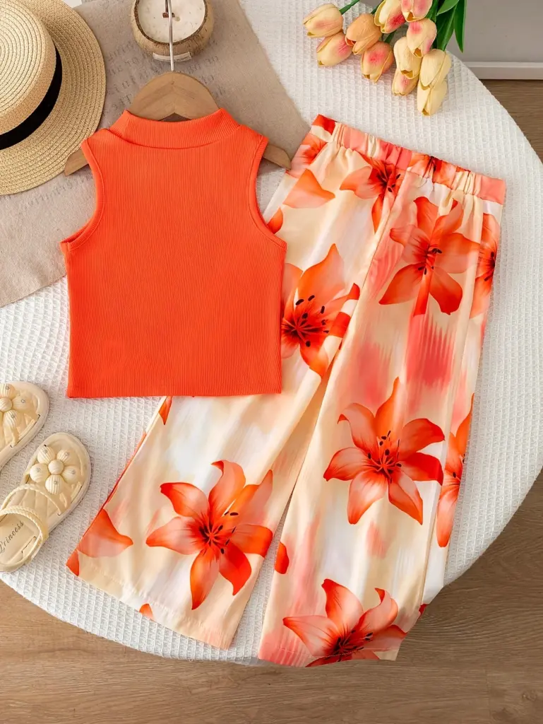 Ensemble deux pièces orange pour filles, style vacances : un crop top uni côtelé sans manches à col montant et une jupe fluide à imprimé lys.