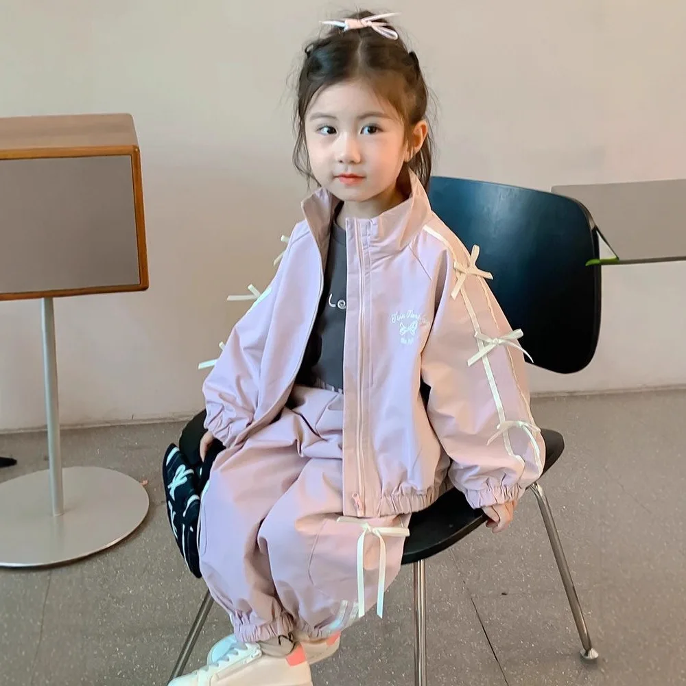 Ensembles de vêtements coupe-vent pour bébés filles, automne 2026, veste rose à nœud mignon + pantalon, 2 pièces, tenues de princesse pour tout-petits, survêtement pour enfants