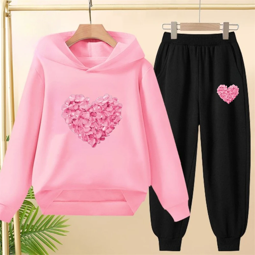 Hauts et bas à capuche en forme de cœur pour enfants, manteau décontracté pour filles et garçons de 3 à 12 ans, sweat-shirt à capuche, vêtements d'automne