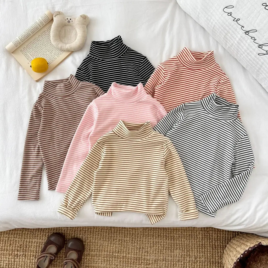 Chemise à manches longues à col roulé pour enfants à rayures classiques, haut de base chaud pour garçons et filles de 2 à 7 ans, vêtement de base essentiel pour la chaleur