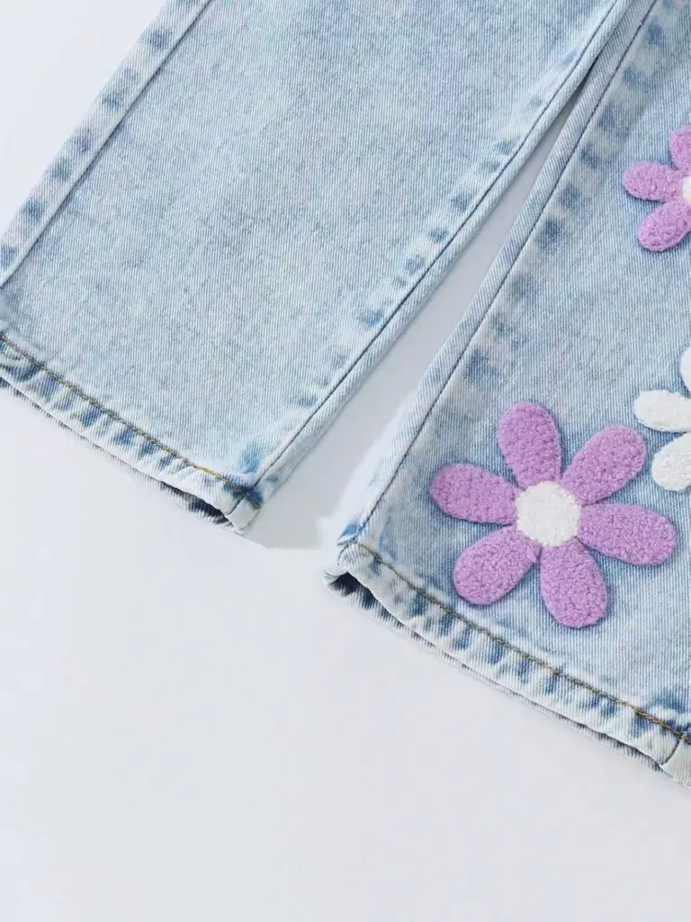 Jean en denim à imprimé floral pour filles, coupe décontractée tendance, taille ample, pantalon polyvalent pour enfants. Ceinture entièrement élastique
