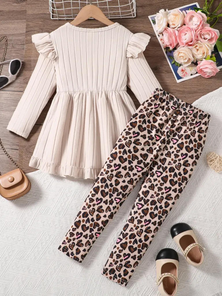 Printemps automne filles mignon mode vêtements de sport abricot tricoté à volants haut à manches longues + dessin animé imprimé complet taille élastique pantalons décontractés ensemble