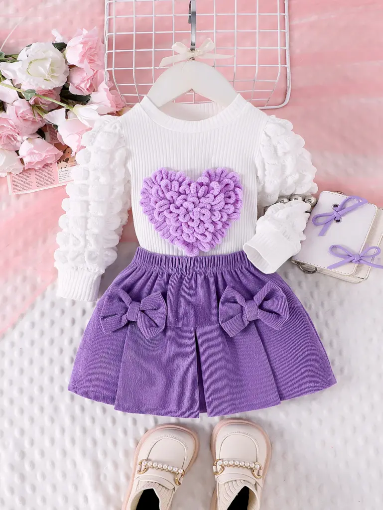 Ensemble haut et jupe courte pour filles de 1 à 3 ans, 2 pièces, nouveau Style d'automne, confortable et doux, manches à bulles, Badge d'amour