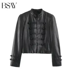 BSAY 2026 Nouvelle Collection Automne – Blouson Court Femme en Similicuir Streetwear, Col Montant, Manches Longues, Boutons Décoratifs, Coupe Ajustée