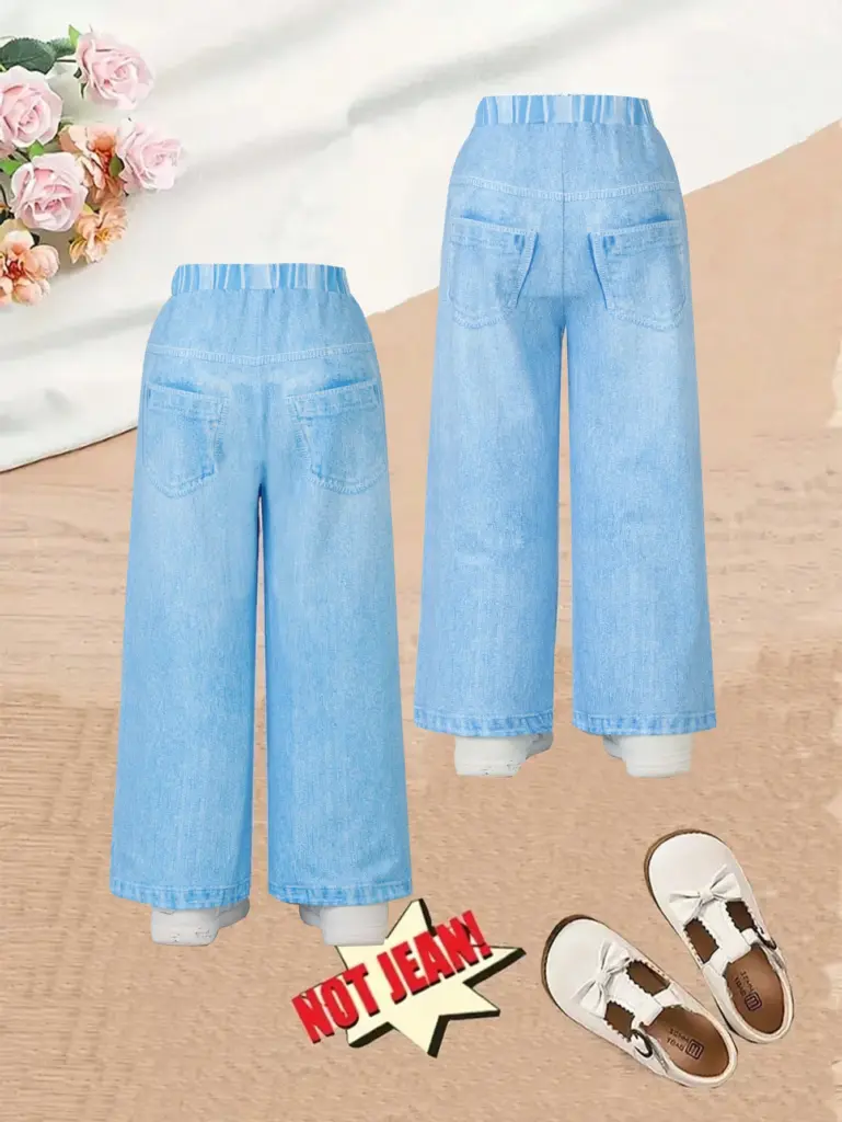 2 pantalons à jambes larges aspect denim bleu clair pour filles, 4-7 ans, imprimé graffiti de dessins animés, tenue quotidienne/école douce, tissu respirant