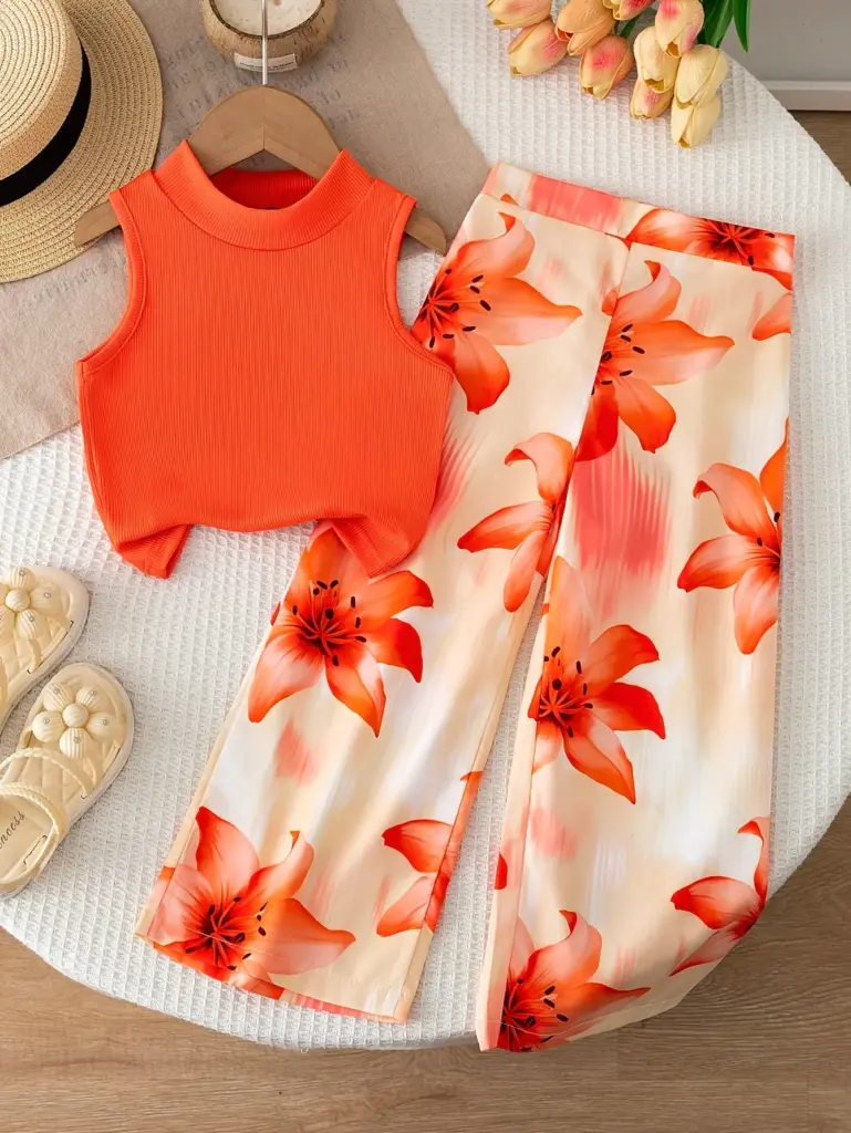 Ensemble deux pièces orange pour filles, style vacances : un crop top uni côtelé sans manches à col montant et une jupe fluide à imprimé lys.