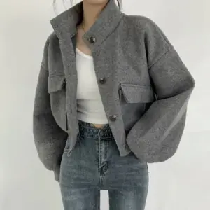 Nouvelle veste courte à col montant automne-hiver, style Harajuku décontracté, manteau tendance à manches longues pour femme