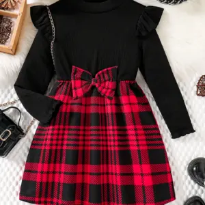 Printemps et automne enfants mignon mode robe filles décontracté couleur unie col rond aile manches chemise rouge jupe à carreaux robe de cérémonie s