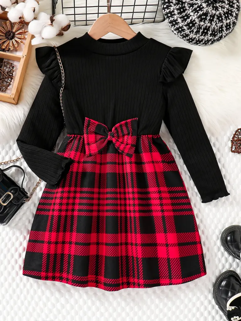 Printemps et automne enfants mignon mode robe filles décontracté couleur unie col rond aile manches chemise rouge jupe à carreaux robe de cérémonie s