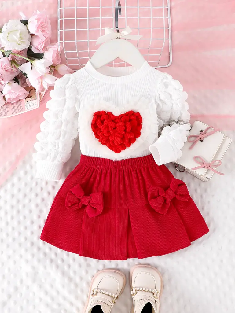 Ensemble haut et jupe courte pour filles de 1 à 3 ans, 2 pièces, nouveau Style d'automne, confortable et doux, manches à bulles, Badge d'amour