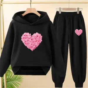 Hauts et bas à capuche en forme de cœur pour enfants, manteau décontracté pour filles et garçons de 3 à 12 ans, sweat-shirt à capuche, vêtements d'automne