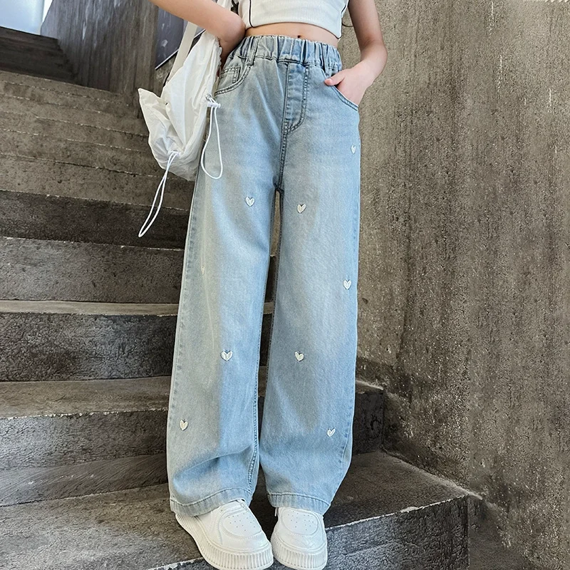 Été filles collège mode ample couleur unie petit amour jean pantalons décontractés pantalons à jambes larges 4-10 ans