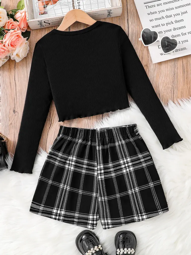 Ensemble 2 pièces pour filles, vêtements de sport, à la mode, tricoté, col rond, haut à manches longues + jupe asymétrique à carreaux, nouvelle collection printemps