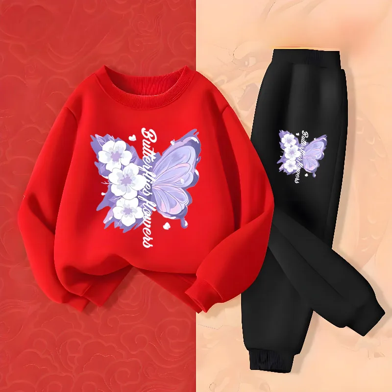 Printemps haut à manches longues pantalons longs deux pièces ensembles pour filles élégant papillon imprimé sweats à capuche costume tenues pour enfants survêtement