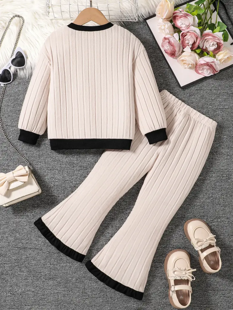 Ensemble de mode printemps-automne 2 pièces pour filles de 4 à 8 ans, comprenant un haut tricoté à col rond et un pantalon tricoté ample, idéal comme cadeau pour l'Aïd, Pâques, le carnaval, le festival du printemps ou les fêtes.