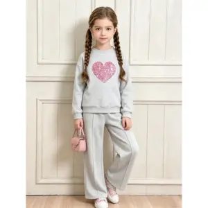 Ensemble de vêtements chauds pour enfants, couleur unie, imprimé cœur, haut et pantalon, sport décontracté, ample, vêtements de salon, automne et hiver