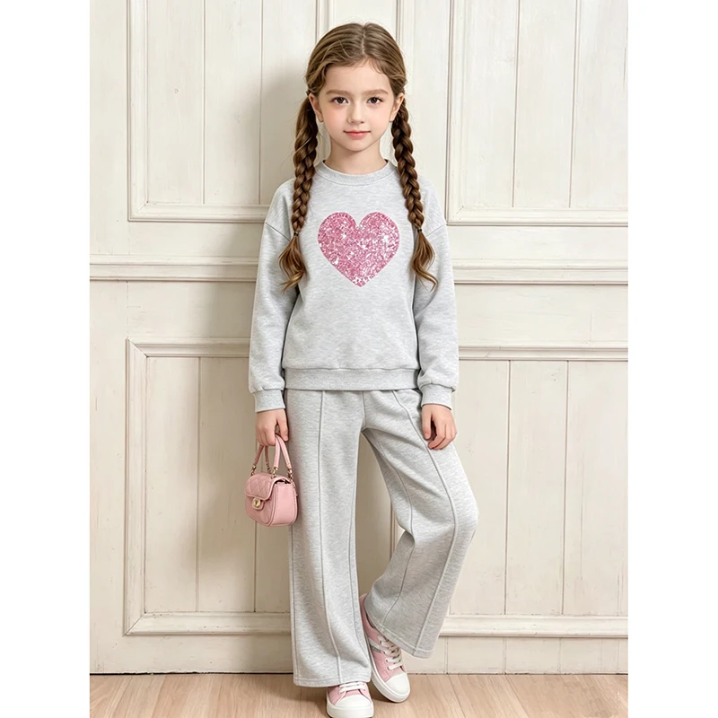 Ensemble de vêtements chauds pour enfants, couleur unie, imprimé cœur, haut et pantalon, sport décontracté, ample, vêtements de salon, automne et hiver