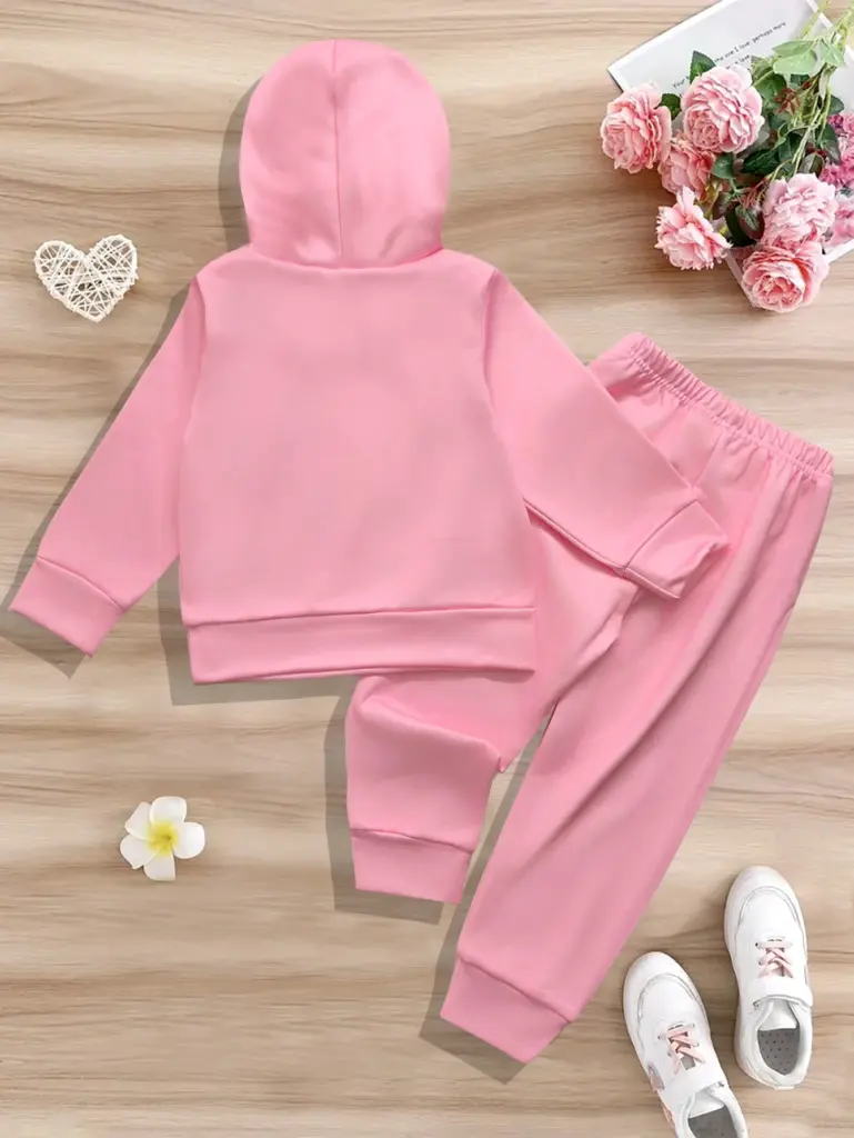 Ensemble de vêtements en polaire pour filles d'automne, 2 pièces, sweat-shirt à capuche mignon et pantalon à imprimé cœur, tenue décontractée pour 1-6 ans