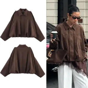 HH femmes rue mode solide ample daim Texture manteaux casual longues manches chauve-souris revers fermeture éclair mouche hiver Vintage vestes