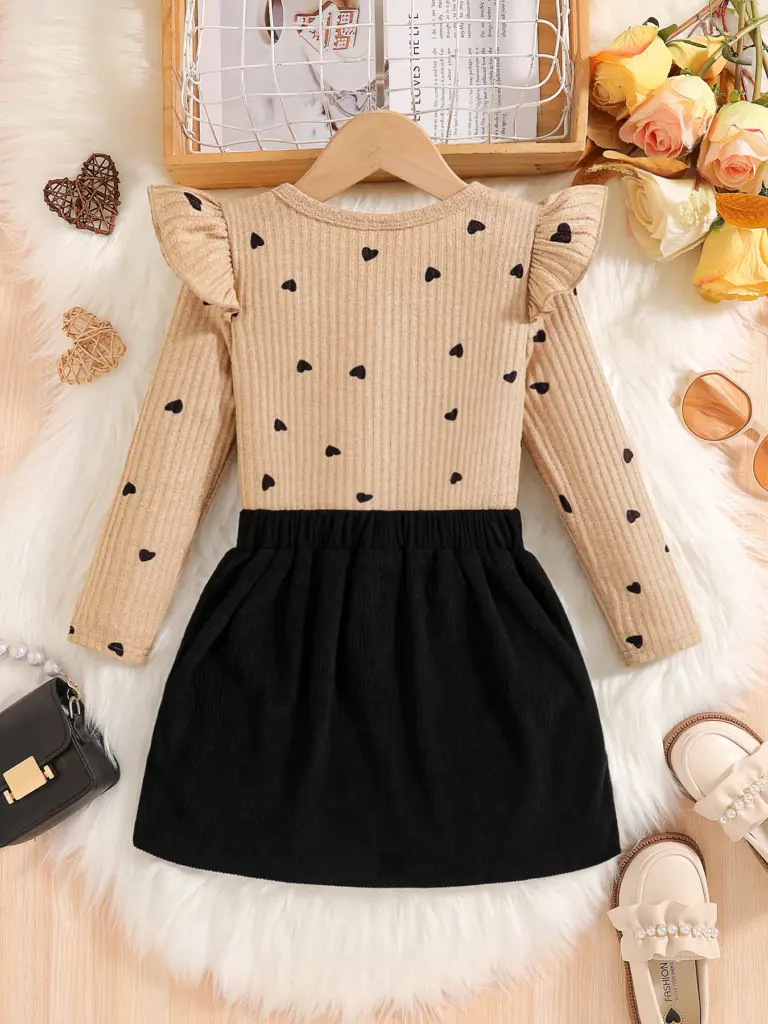 Ensemble 2 pièces pour filles au printemps et en automne : Ensemble robe élégant et tendance pour jeunes filles, comprenant un haut à manches longues à col rond, dentelle côtelée, manches bouffantes, imprimé cœurs et pois + jupe noire avec nœud et décoration boutonnée. Tenue pour filles pour les sorties, les fêtes, les vacances et un style automnal féminin. Vêtements décontractés pour enfants, confortables, simples, polyvalents et doux, pour le printemps. Convient comme cadeau pour l'Aïd, Pâques, le Carnaval et le Nouvel An chinois