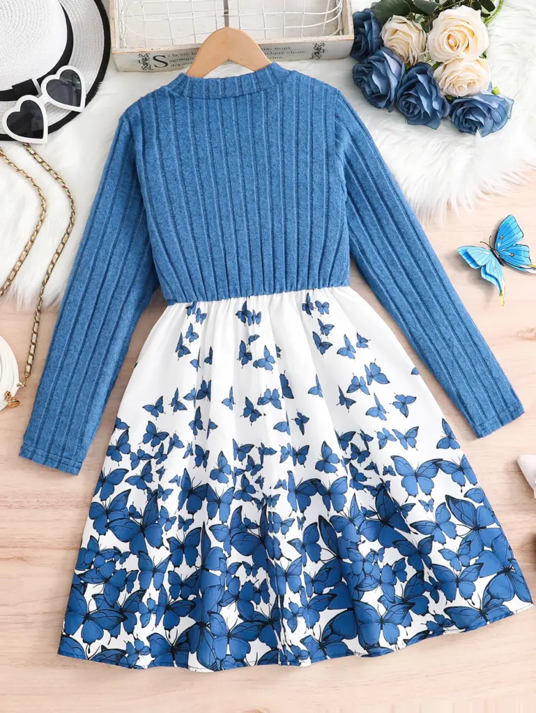 Robe en tricot décontractée pour filles de 8 à 12 ans, style printemps-automne, avec col rond, design côtelé, couleur unie et motifs imprimés doubles, idéale comme cadeau pour l'Aïd, Pâques, le carnaval, le Nouvel An chinois et autres fêtes.