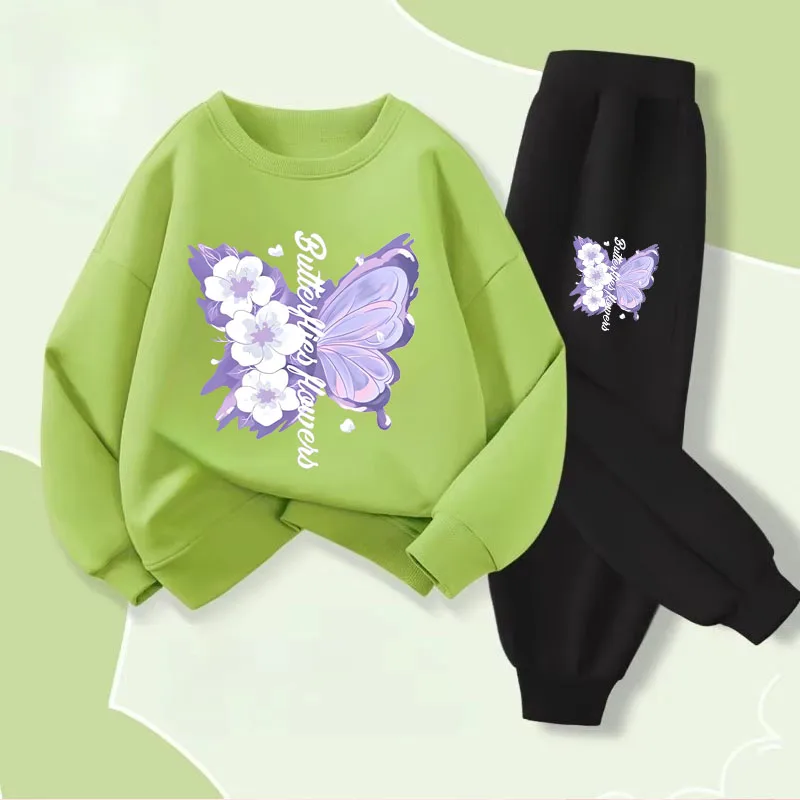 Printemps haut à manches longues pantalons longs deux pièces ensembles pour filles élégant papillon imprimé sweats à capuche costume tenues pour enfants survêtement