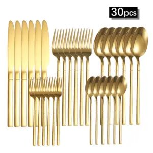 Ensemble de couverts en acier inoxydable 6/30 pièces, comprenant un couteau à steak haut de gamme, une fourchette et une cuillère à dessert, idéal pour les banquets et les réceptions de restaurant.