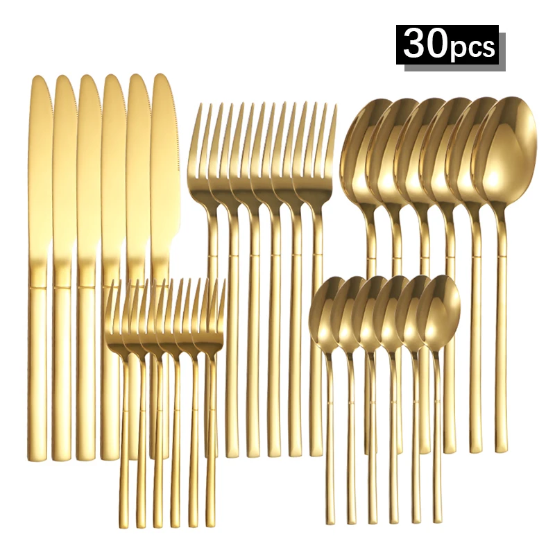 Ensemble de couverts en acier inoxydable 6/30 pièces, comprenant un couteau à steak haut de gamme, une fourchette et une cuillère à dessert, idéal pour les banquets et les réceptions de restaurant.