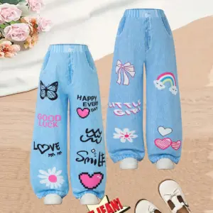 2 pantalons à jambes larges aspect denim bleu clair pour filles, 4-7 ans, imprimé graffiti de dessins animés, tenue quotidienne/école douce, tissu respirant