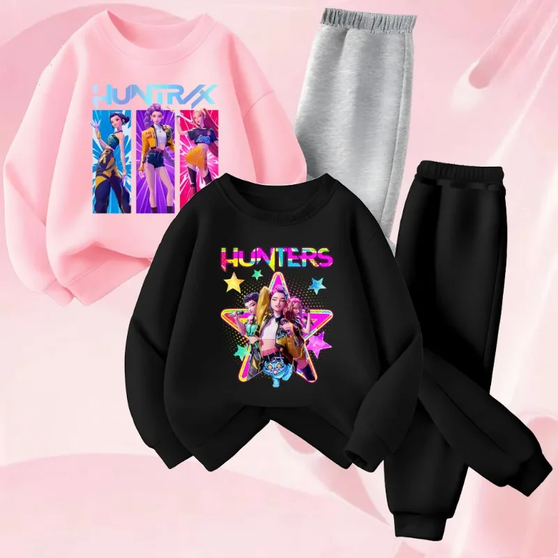 Ensemble de sweat-shirts à col rond pour filles, imprimé dessin animé KPOP, printemps-automne, sweat-shirt et pantalon de survêtement pour enfants, ensemble décontracté 2 pièces pour enfants