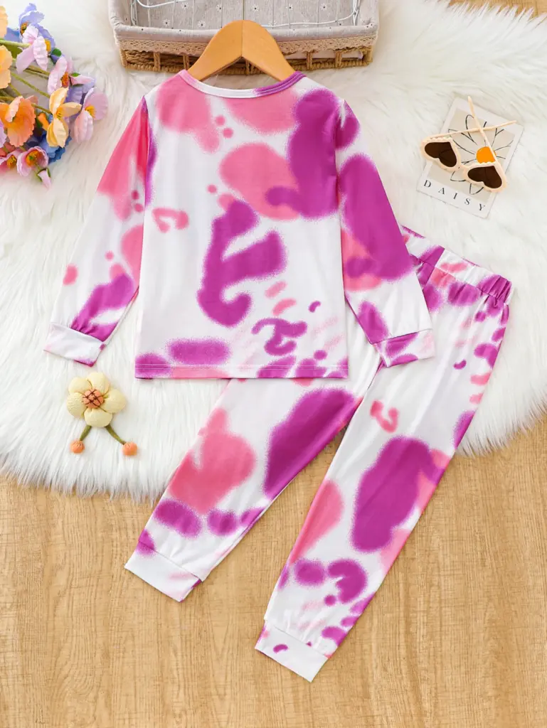 Ensemble deux pièces tie-dye pour filles, haut à manches longues rose et violet dégradé avec imprimé « Mama Is My Bestie » et pantalon à taille élastique douce