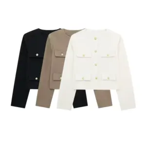 Manteau veste à boutons dorés pour femmes, col rond, manches longues, vêtements d'extérieur pour femmes, hauts chics, à la mode