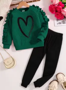 Printemps et automne enfants mode sport ensemble filles pull + pantalons décontractés deux pièces filles dessin animé coeur imprimé vêtements
