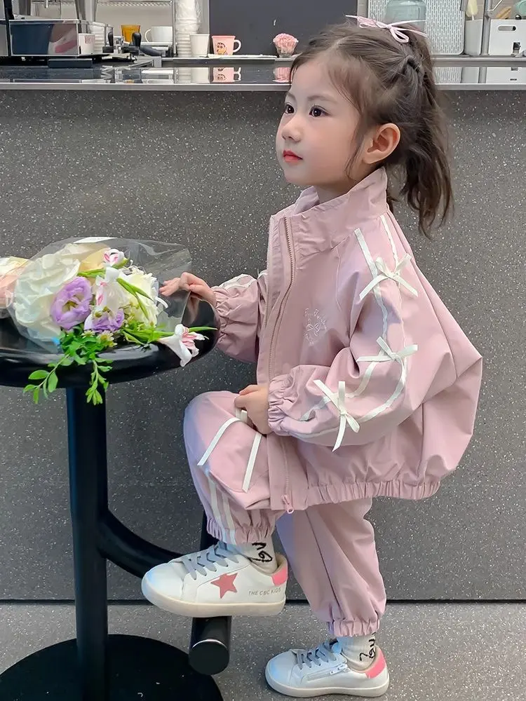 Ensembles de vêtements coupe-vent pour bébés filles, automne 2026, veste rose à nœud mignon + pantalon, 2 pièces, tenues de princesse pour tout-petits, survêtement pour enfants