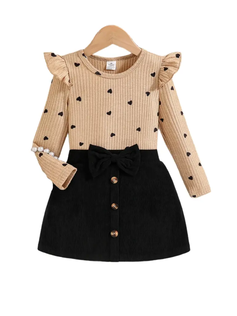 Ensemble 2 pièces pour filles au printemps et en automne : Ensemble robe élégant et tendance pour jeunes filles, comprenant un haut à manches longues à col rond, dentelle côtelée, manches bouffantes, imprimé cœurs et pois + jupe noire avec nœud et décoration boutonnée. Tenue pour filles pour les sorties, les fêtes, les vacances et un style automnal féminin. Vêtements décontractés pour enfants, confortables, simples, polyvalents et doux, pour le printemps. Convient comme cadeau pour l'Aïd, Pâques, le Carnaval et le Nouvel An chinois
