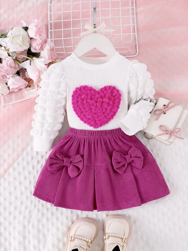Ensemble haut et jupe courte pour filles de 1 à 3 ans, 2 pièces, nouveau Style d'automne, confortable et doux, manches à bulles, Badge d'amour