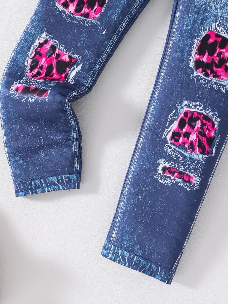 Ensemble de mode pour filles printemps-automne 2 pièces, imprimé léopard rose, tricot à col rond, imprimé dessin animé, manches longues + pantalon slim bleu foncé