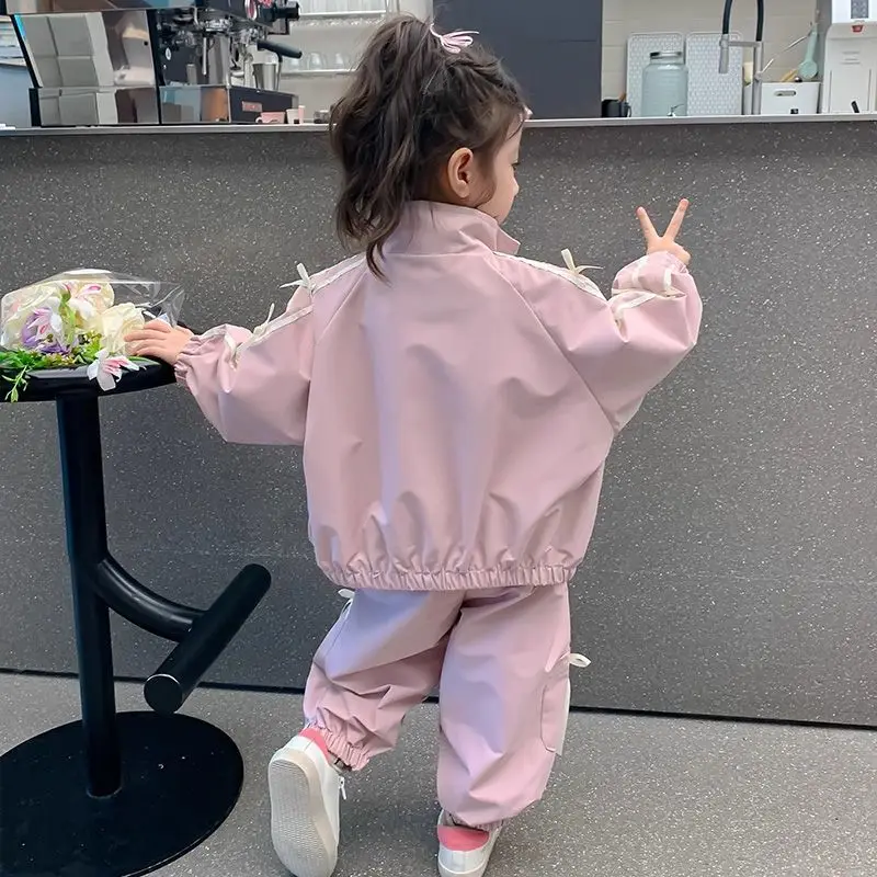 Ensembles de vêtements coupe-vent pour bébés filles, automne 2026, veste rose à nœud mignon + pantalon, 2 pièces, tenues de princesse pour tout-petits, survêtement pour enfants