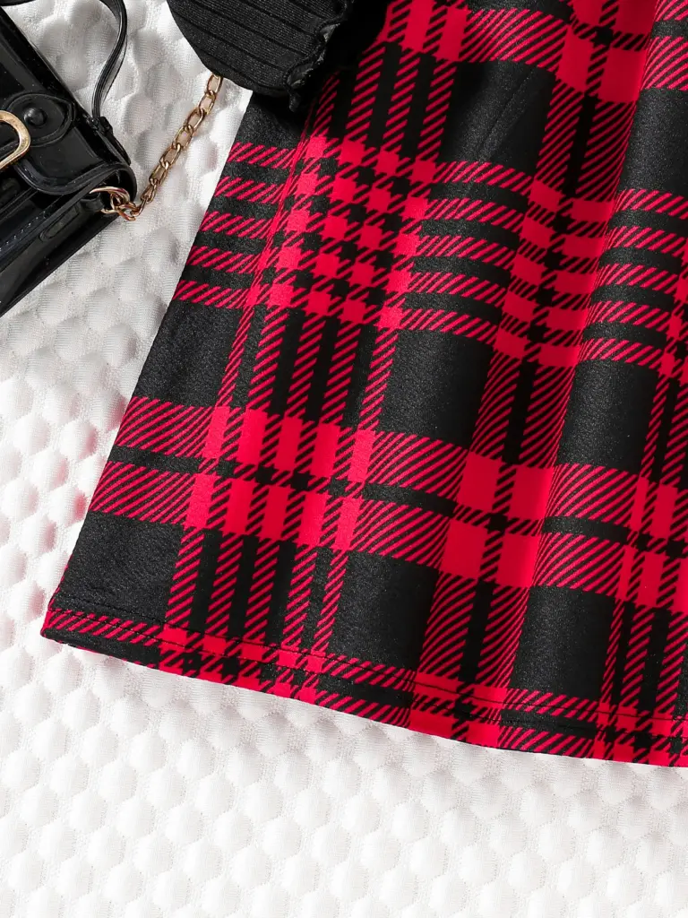 Printemps et automne enfants mignon mode robe filles décontracté couleur unie col rond aile manches chemise rouge jupe à carreaux robe de cérémonie s