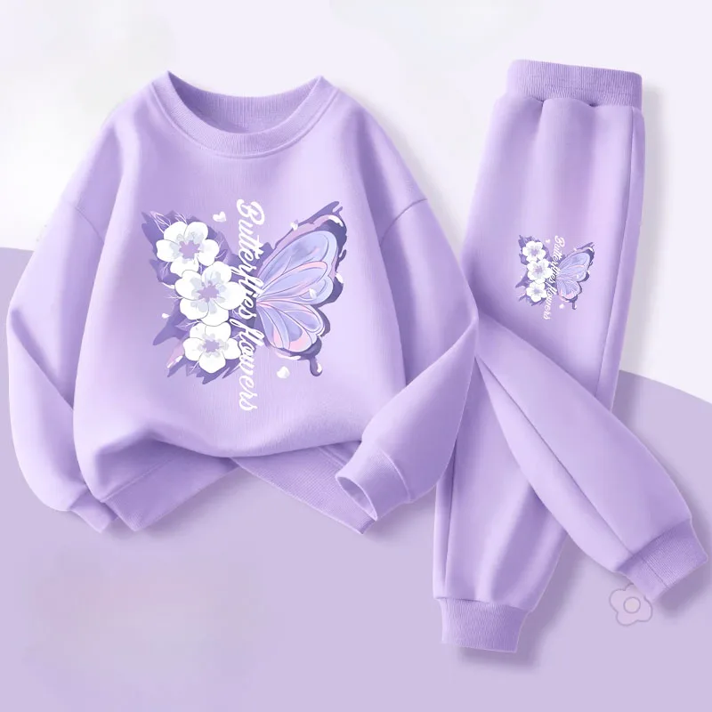 Printemps haut à manches longues pantalons longs deux pièces ensembles pour filles élégant papillon imprimé sweats à capuche costume tenues pour enfants survêtement