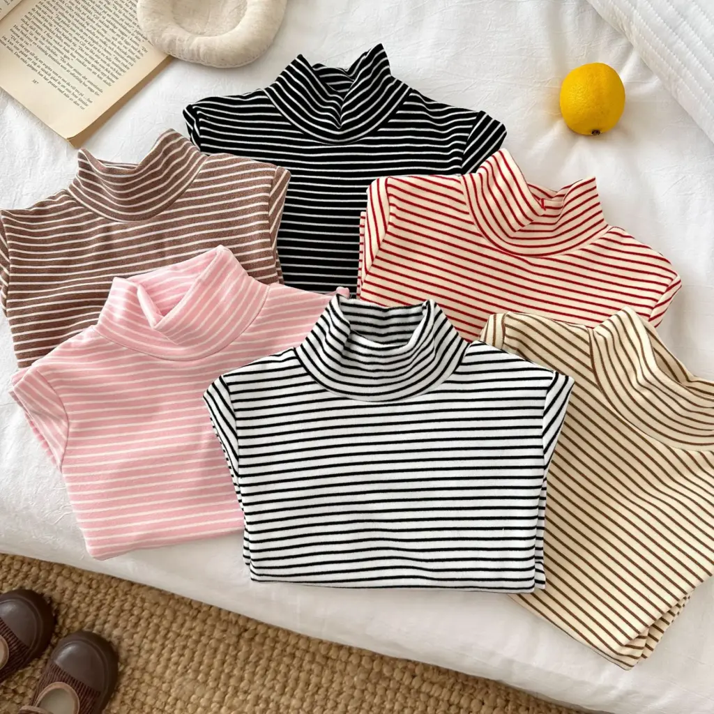 Chemise à manches longues à col roulé pour enfants à rayures classiques, haut de base chaud pour garçons et filles de 2 à 7 ans, vêtement de base essentiel pour la chaleur