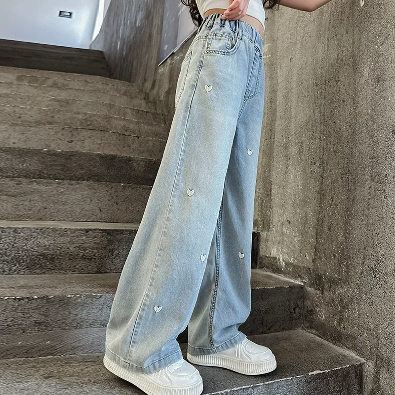 Été filles collège mode ample couleur unie petit amour jean pantalons décontractés pantalons à jambes larges 4-10 ans