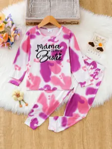 Ensemble deux pièces tie-dye pour filles, haut à manches longues rose et violet dégradé avec imprimé « Mama Is My Bestie » et pantalon à taille élastique douce