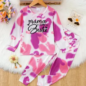 Ensemble deux pièces tie-dye pour filles, haut à manches longues rose et violet dégradé avec imprimé « Mama Is My Bestie » et pantalon à taille élastique douce