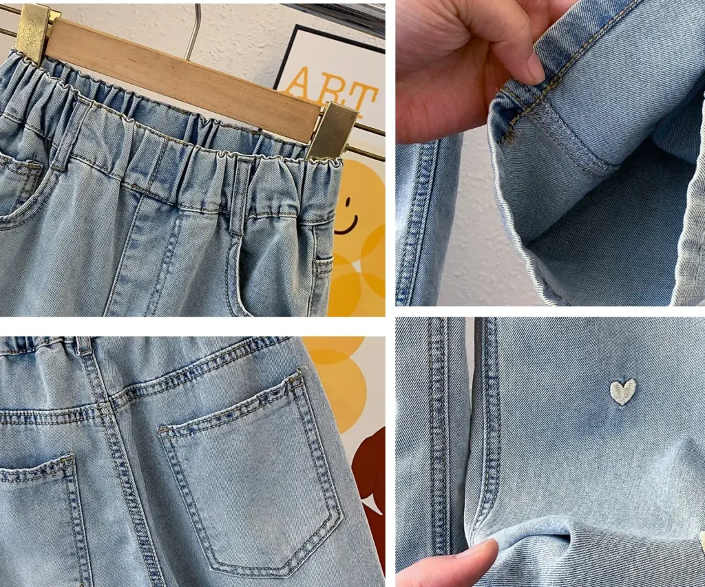 Été filles collège mode ample couleur unie petit amour jean pantalons décontractés pantalons à jambes larges 4-10 ans