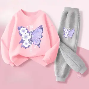Printemps haut à manches longues pantalons longs deux pièces ensembles pour filles élégant papillon imprimé sweats à capuche costume tenues pour enfants survêtement
