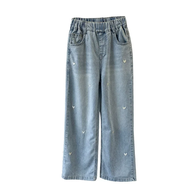 Été filles collège mode ample couleur unie petit amour jean pantalons décontractés pantalons à jambes larges 4-10 ans