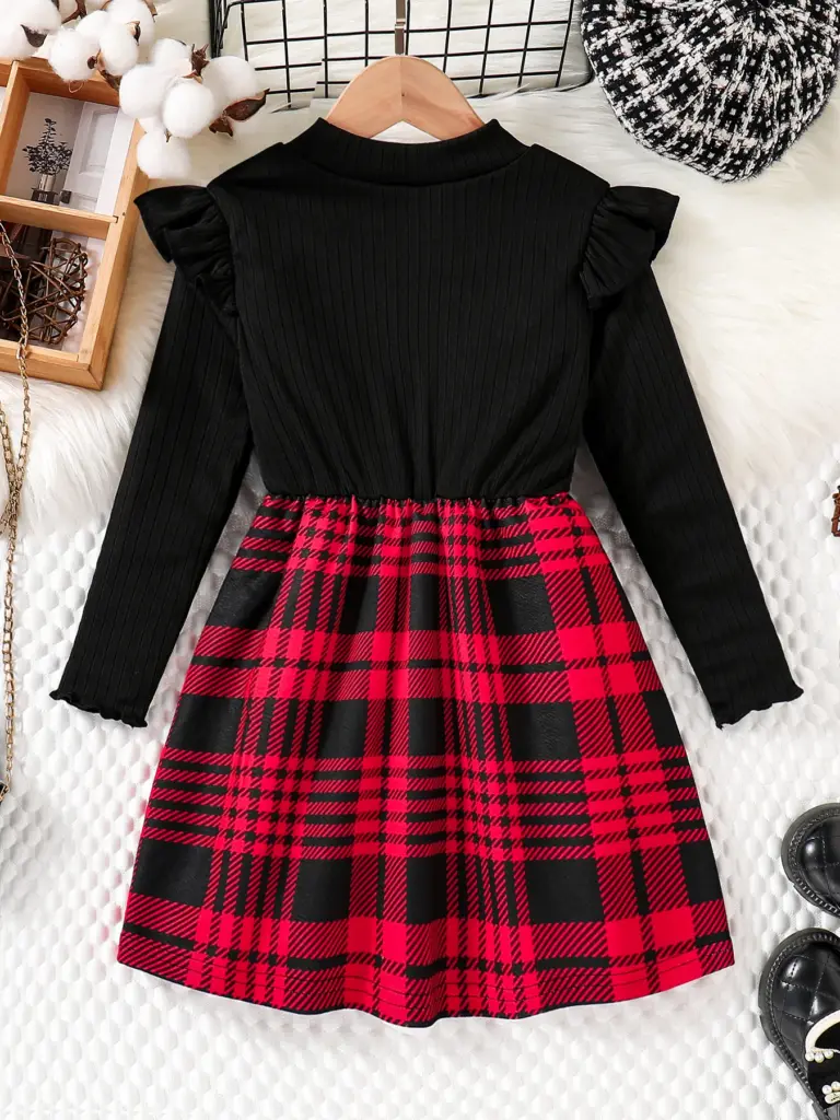 Printemps et automne enfants mignon mode robe filles décontracté couleur unie col rond aile manches chemise rouge jupe à carreaux robe de cérémonie s